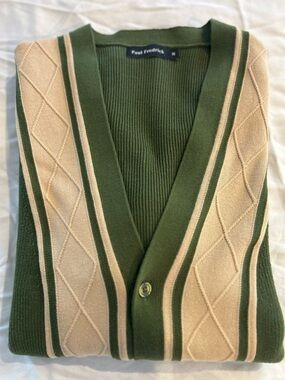 Paul Fredrick Olive Green and Cream Striped V-Neck Cardigan - Men